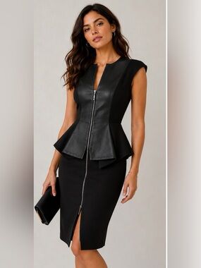 Ted Baker Black Peplum Dress with Leather Accents